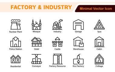 Factory Icon Set. A dynamic collection of icons representing manufacturing and industrial processes, perfect for engineering sectors to convey efficiency and innovation. clipart