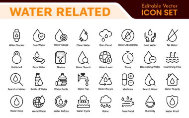 Suyla İlişkili Simge Ayarları. Sergilenen ikonların ferahlatıcı bir koleksiyonu su koruma, su yaşamı ve hidrasyon, su farkındalığı ve sürdürülebilirlik için mükemmel.