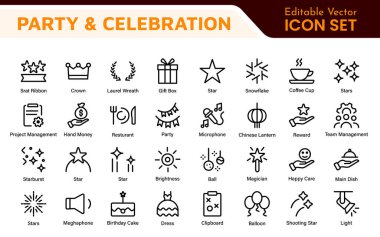 Kutlama ve Parti Simgeleri. Doğum günleri, Tatiller, Festivaller, Havai fişekler ve Etkinlik Dekorasyonları için Vektör Simgeleri