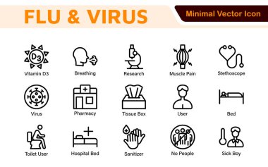 Grip Virüsü Simgesi Ayarlandı. Sağlık bilincini artırmak için tasarlanmış, tıbbi materyallerin, eğitim içeriğinin ve kamu sağlığı kampanyalarının geliştirilmesi için mükemmel bir ikon koleksiyonu.