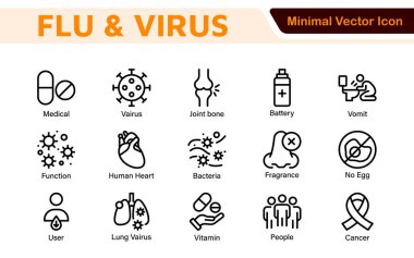 Grip Virüsü Simgesi Ayarlandı. Sağlık bilincini artırmak için tasarlanmış, tıbbi materyallerin, eğitim içeriğinin ve kamu sağlığı kampanyalarının geliştirilmesi için mükemmel bir ikon koleksiyonu.