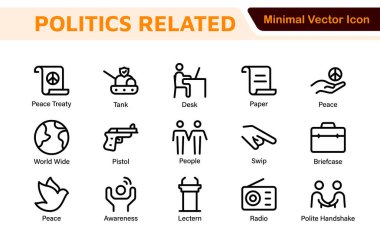 Siyaset Simgesi Seti: Siyasi temaları temsil eden kapsamlı bir ikon koleksiyonu, kampanya materyallerini, eğitim kaynaklarını ve sivil katılım girişimlerini geliştirmek için mükemmel.