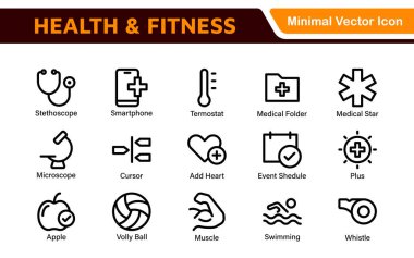 Sağlık ve Spor Simgesi Seti. Egzersiz, Sağlık, Beslenme, Spor Salonu, Yoga ve Sağlıklı Yaşam Tarzı için Vektör Simgeleri
