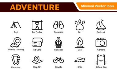 Adventure Icon Set. An exciting collection of icons that captures the spirit of exploration, perfect for travel apps, outdoor websites, and promotional materials for adventure and thrill-seeking. clipart