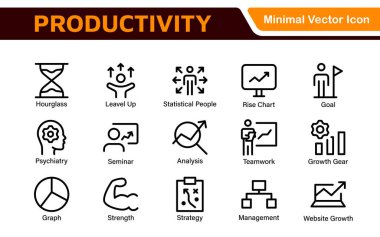 Verimlilik ve Verimlilik Simgeleri Koleksiyonu. Görev Yönetimi için Vektör Simgeleri, Zaman optimizasyonu, Çalışma Süreci ve Hedef Başarı
