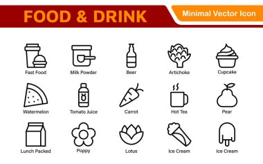 Yiyecek ve içecek ikonları koleksiyonu. Yemek, Yemek, İçki, Restoran ve Fast Food Design için Vektör tabanlı Simgeler