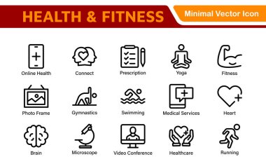 Sağlık ve Spor Simgesi Seti. Egzersiz, Sağlık, Beslenme, Spor Salonu, Yoga ve Sağlıklı Yaşam Tarzı için Vektör Simgeleri