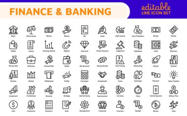 Finans ve Muhasebe Simgeleri Koleksiyonu. Para Yönetimi, Yatırım, Vergi ve İş Finansmanı için Vektör Bazlı Simgeler