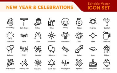 Yeni Yıl ve Kutlama Simgesi Seti. Kutlamaları geliştirmek için, parti davetleri, etkinlik promosyonları ve tatil temalı projeler için mükemmel tasarlanmış canlı simgelerden oluşan bir festival koleksiyonu..