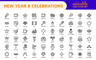 Yeni Yıl ve Kutlama Simgesi Seti. Kutlamaları geliştirmek için, parti davetleri, etkinlik promosyonları ve tatil temalı projeler için mükemmel tasarlanmış canlı simgelerden oluşan bir festival koleksiyonu..