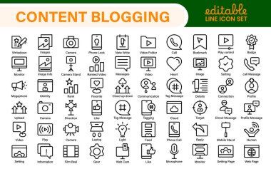 İçerik Blog Satırı simgesi ayarlandı. Posta, sosyal medya, topluluk, içerik, web sitesi, paylaşım, yaratım, görüş. İş konsepti. Taslak simge biçiminde web vektörü bilgisi.