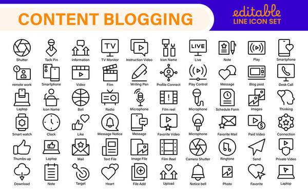Набор значков Content Blogging Line. Пост, социальные сети, сообщество, контент, веб-сайт, обмен, создание, мнение. Бизнес-концепция. Инфографика веб-вектора в стиле контуров.