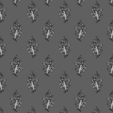 Gri bir arka planda tek renkli siyah beyaz çiçek deseni.