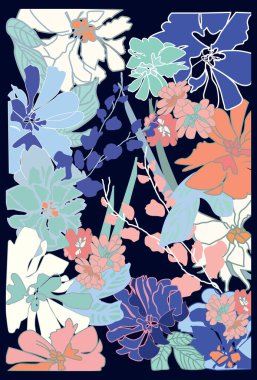 Karanlık bir arka planda canlı renkli bir çiçek deseni.