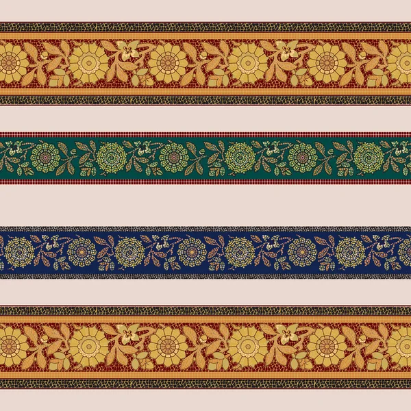 Живая Полосатая Рамка Замысловатыми Цветочными Лиственными Рисунками — стоковый вектор
