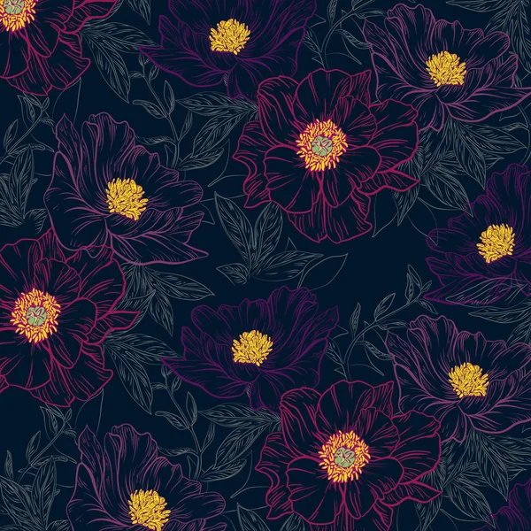 暗い背景に花のカラフルなラインアート — ストックベクタ