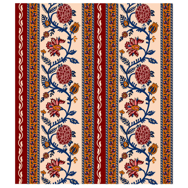 A red and blue floral design on a beige background