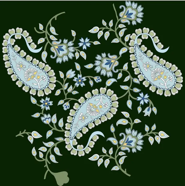 Paisley Padrão Floral Azul Branco Vibrante Contra Cenário Verde Refrescante — Vetor de Stock