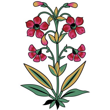 Parlak kırmızı bir çiçek, yemyeşil yapraklarla bembeyaz bir zemin üzerinde.