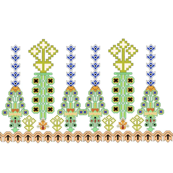 Batas Pola Jahitan Silang Yang Menggambarkan Deretan Pohon Yang Tenang - Stok Vektor