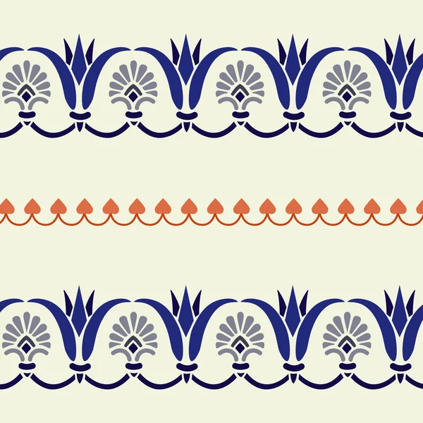 Blue White Seamless Border Patterns Orange Accents — Stock Vector