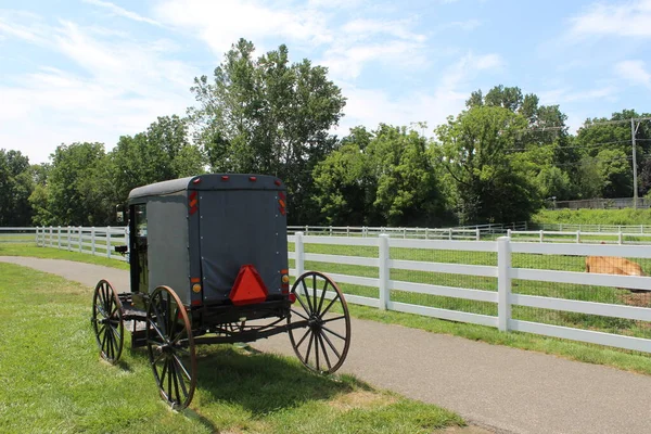 Lancaster, PA, Temmuz 2023 'teki turistik Amish Köyü' ndeki siyah araba.