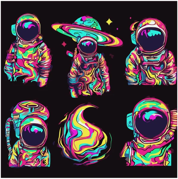 Sada Psychedelických Astronautů Kyselých Barvách Astronauti Halucinogenních Helmách Tmavém Pozadí — Stockový vektor