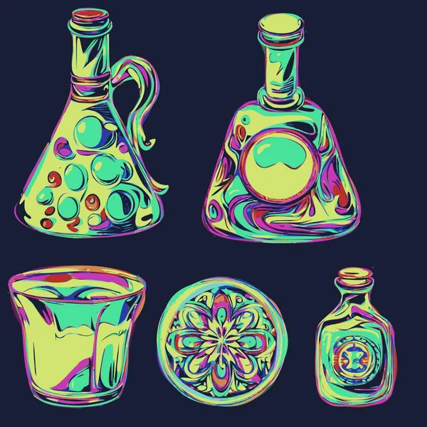 Absinthe Bottles Psychedelic Style Decanters Glasses Acid Colors Vector Set — Stock Vector