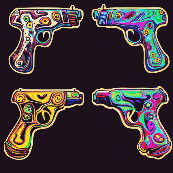 Pistolas Ácido Psicodélico Colores Arcoíris Armas Del Mundo Fantasía Conjunto — Archivo Imágenes Vectoriales