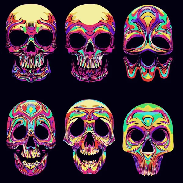 Psychedelic Magic Skulls Set Bright Hallucinogenic Skulls Acid Colors Black — Stock Vector