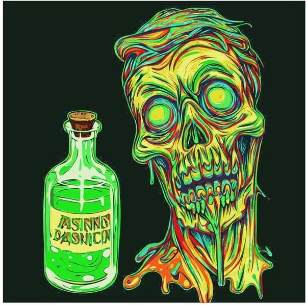 Psychedelische Zombie Met Een Fles Zuur Absinthe Zure Kleuren Walgelijk — Stockvector
