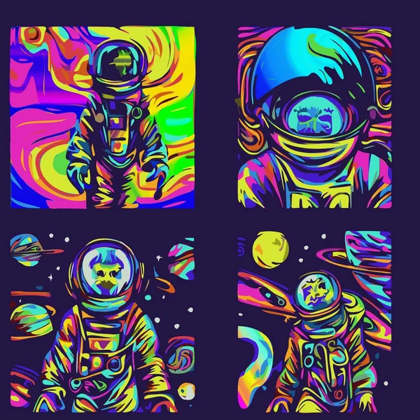 Ensemble Astronautes Dans Style Acide Brillant Hallucination Magique — Image vectorielle