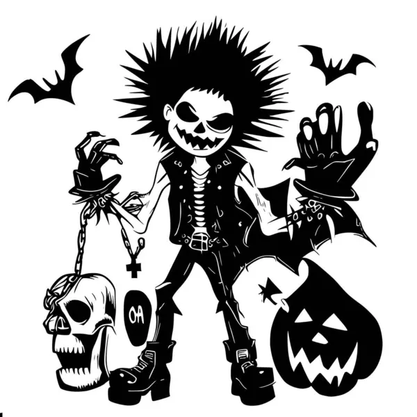 Punk Halloween Crânios Voando Morcegos —  Vetores de Stock