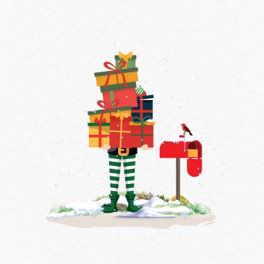 Kış sahnesinde hediye taşıyan şirin Noel Elfi. Tatil tebrik kartı tasarımı
