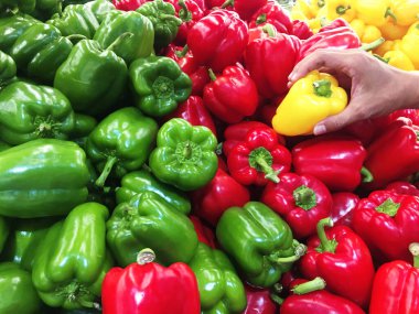 Tayland 'daki süpermarkette satılık taze sarı dolmalık biberleri arka planda tutan el görüntüsü..
