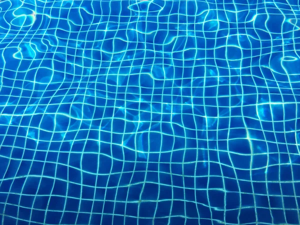 深蓝色游泳池水 有瓷砖和棕榈树影子 — 图库照片