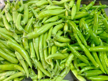 Satılık bir Pazar veya çarşı yerleştirilen hasat sezonunda yeşil biber biber yığını bir yığın görünümünü yakın.