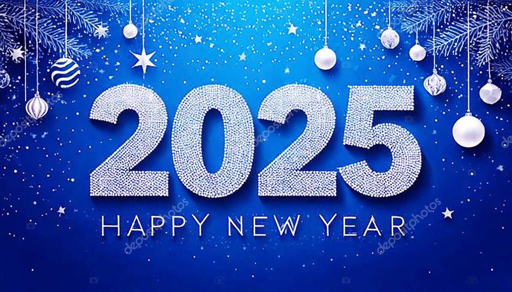 Happy New Year banner. 2025 white glitter numbers. Christmas silver glitter decoration with balls,.