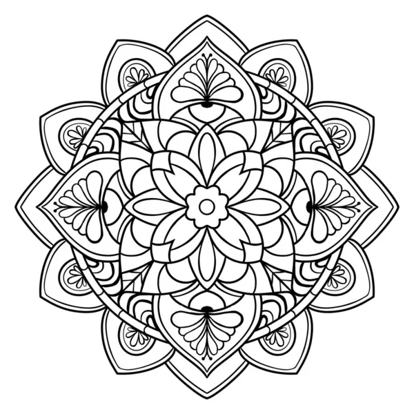 Floral mandala style with black lines, circular shape on white background, motif, ethnic. Hand drawn. For coloring book, decoration, tattoo, wallpaper, card, sticker.