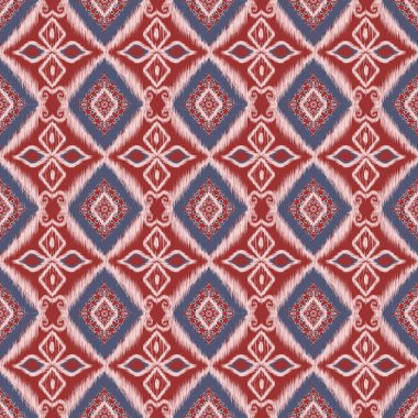 Ikat pattern with color background including repeated various elements, classic traditional style, ethnic, vintage, botanical design, for home decor, fabric, clothing, cushion.