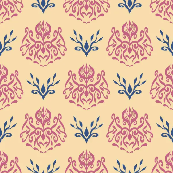 Ikat pattern with color background including repeated elements, traditional style, embroidery, vintage, botanical, hand drawn design, for home decor, fabric, clothing, other decoration.
