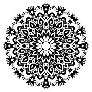 Çizgili çiçek mandala, dairesel şekil, botanik, doğal tema çizimi, boyama kitabı sayfası, süs, dekorasyon, dövme, duvar kağıdı, arka plan, kart, çıkartma.