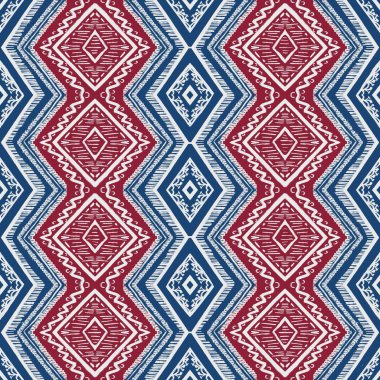 Geometrik ikat renkli şablon arkaplanı tekrarlanan şekli de içerir. desenli çizgi. Dekorasyon, kumaş, giysi için. Nakış stili.