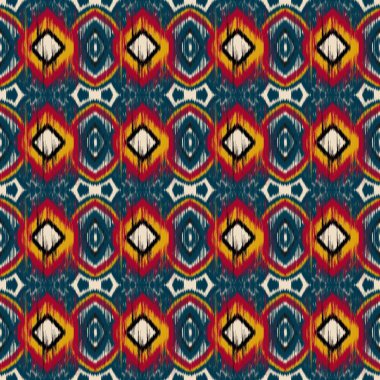 Geometrik ikat renkli şablon arkaplanı tekrarlanan şekli de içerir. desenli çizgi. Dekorasyon, kumaş, giysi için. Nakış stili.