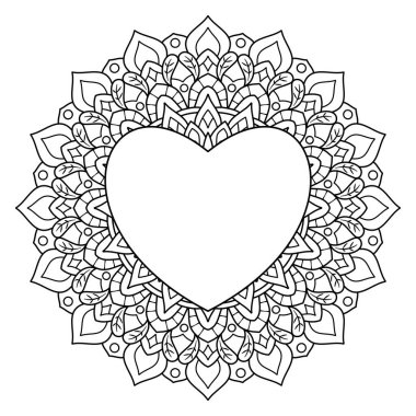 El çizimi mandala tasarımı, kalp şeklinde, botanik temalı. boyama kitabı sayfası, dekorasyon, kart, illüstrasyon, duvar kağıdı, çıkartma, dövme için.
