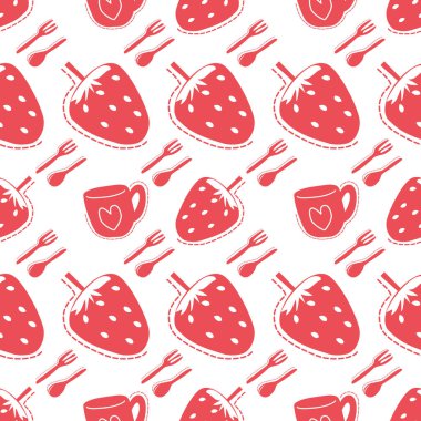 Çilek desenli arka plan, kalp şeklindeki bardak, çatal, kaşık, çizgiler. düz biçim.