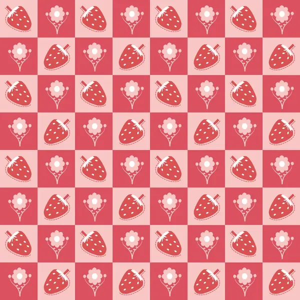 Tekrarlanan kare şeklinde çilek ve çiçek rengi arka plan. Geometrik desen.