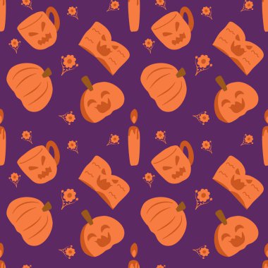 Cadılar Bayramı tema rengi arkaplan ve farklı tasarım. Sevimli Cadılar Bayramı düz çiçek deseni.