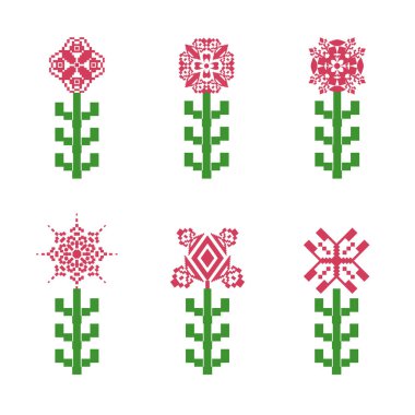 Çiçek seti, bitki ikonu seti, çiçek pikseli sanat tarzı. renkli botanik koleksiyonu. Geometrik çiçek tasarımı.