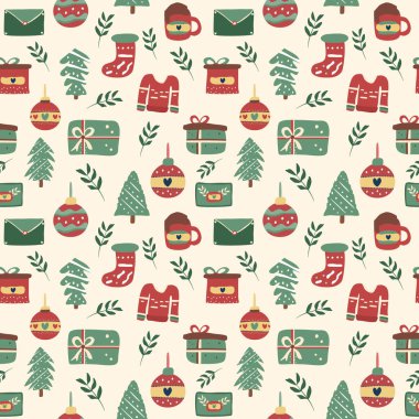 Yılbaşı renklerinin arka planında tekrarlanan tasarım var. Şenlik teması. Dekorasyon, illüstrasyon, duvar kağıdı, kart, poster için. Sevimli Noel deseni.